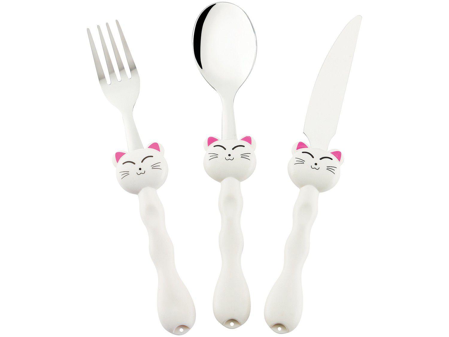 Kit Talher Infantil Inox Hercules Gato Branco - 0556-3 3 Peças