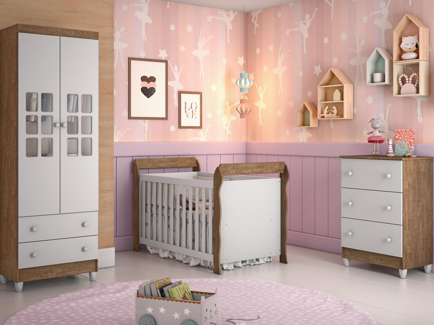 Quarto de Bebê Completo com Berço + Guarda Roupa - e Cômoda Carolina Baby Maria