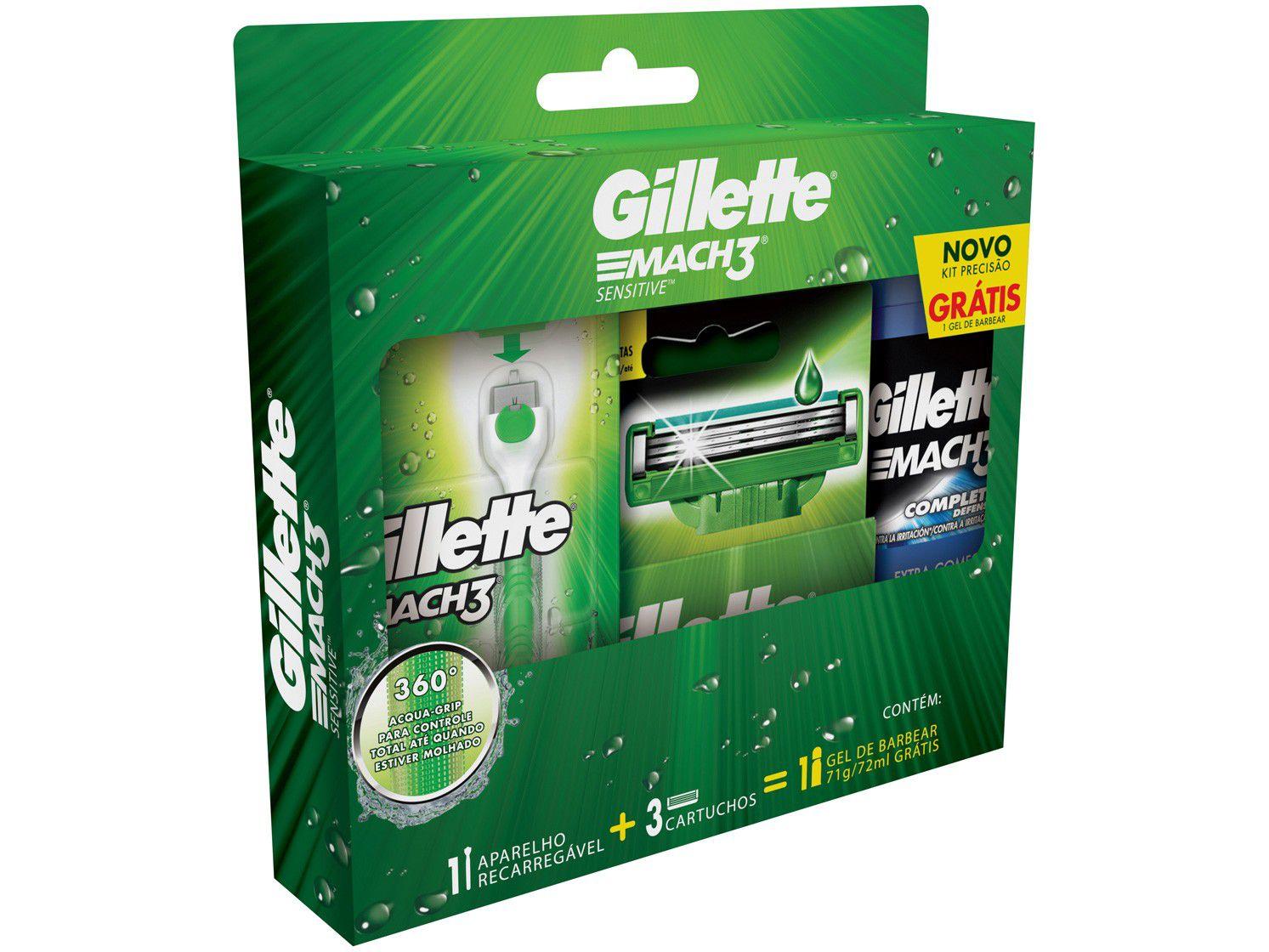Kit Aparelho de Barbear Gillette Mach3 Acqua-Grip - Sensitive 2 Cargas Gel Mach3 Complete Defense 72ml