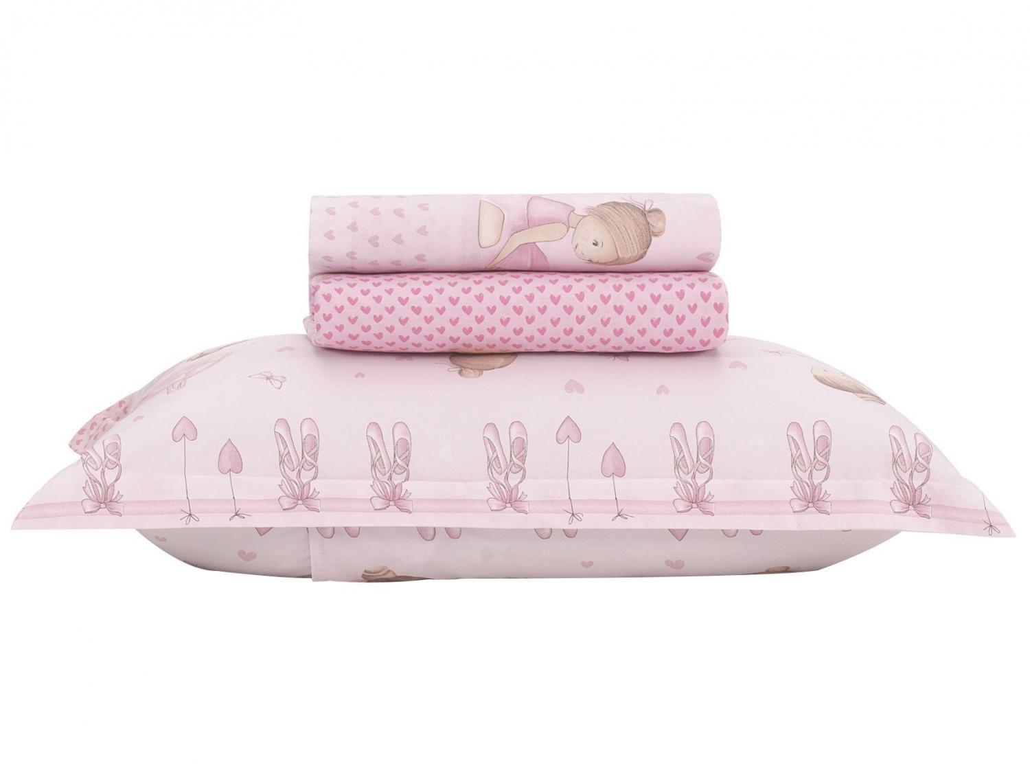 Jogo de Cama Infantil Casal Karsten 100% Algodão - 180 Fios Bailarina Rosa 4 Peças