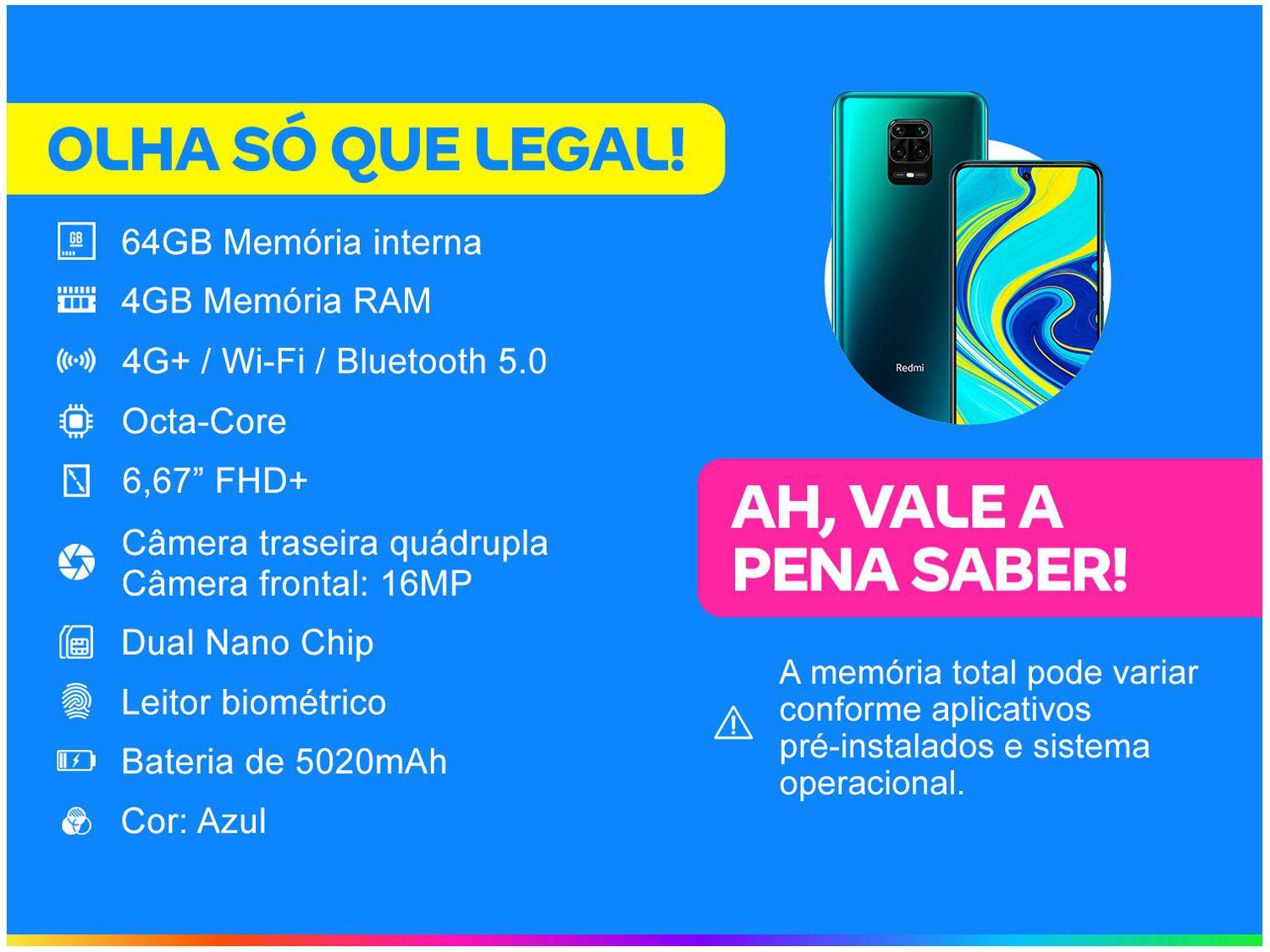 Smartphone Xiaomi Redmi Note 9S 64GB Azul 4G+ 4GB RAM Tela 6,67