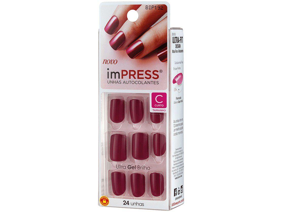 Unhas Postiças Autocolante Kiss New York Impress - Color Easy Breezy Vermelho Redonda Curta 24 Unid.