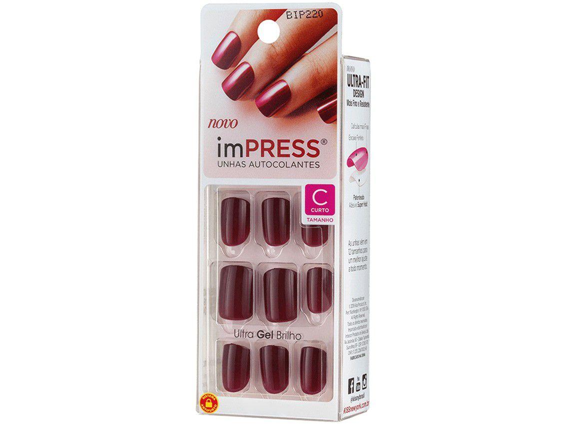 Unhas Postiças Autocolante Kiss New York Impress - Color Matchmaker Vinho Redonda Curta 24 Unidades