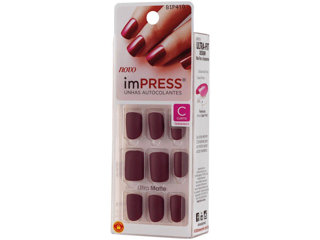 Unhas Postiças Autocolante Kiss New York Impress - Color Sexy Lady Vinho Redonda Curta 24 Unidades