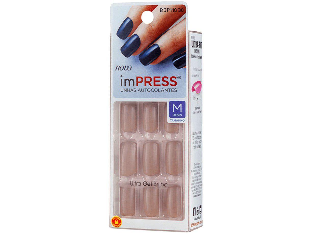 Unhas Postiças Autocolante Kiss New York Impress - Color Sea Sand Nude Redonda Média 24 Unidades