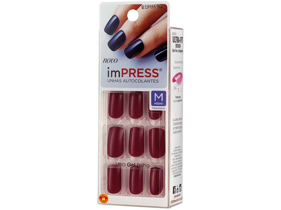 Unhas Postiças Autocolante Kiss New York Impress - Color Bittersweet Vermelha Redonda Média 24 Unid.