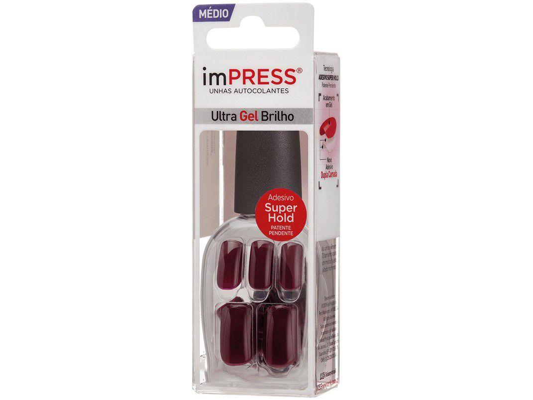 Unhas Postiças Autocolante Kiss New York Impress - Color Reminisce Vinho Redonda Média 24 Unidades