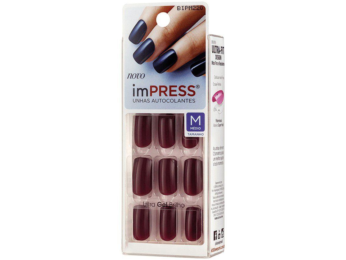 Unhas Postiças Autocolante Kiss New York Impress - Color Pretty PLS Vinho Redonda Média 24 Unidades