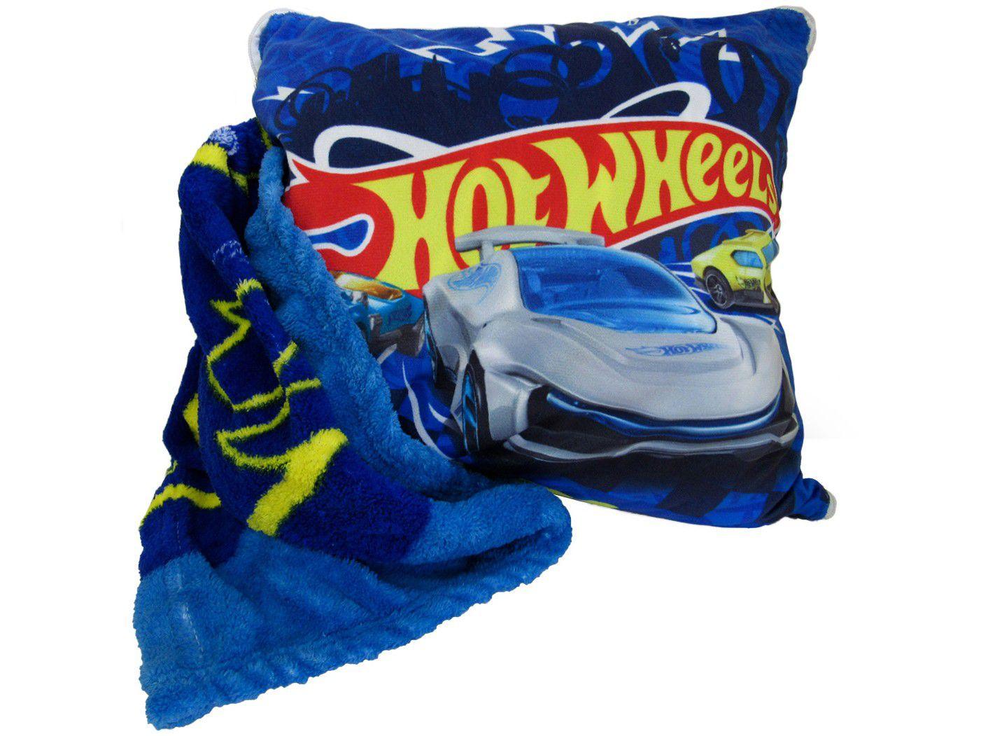 Manta Almofada Juvenil Jolitex Microfibra Mattel - Hot Wheels Azul
