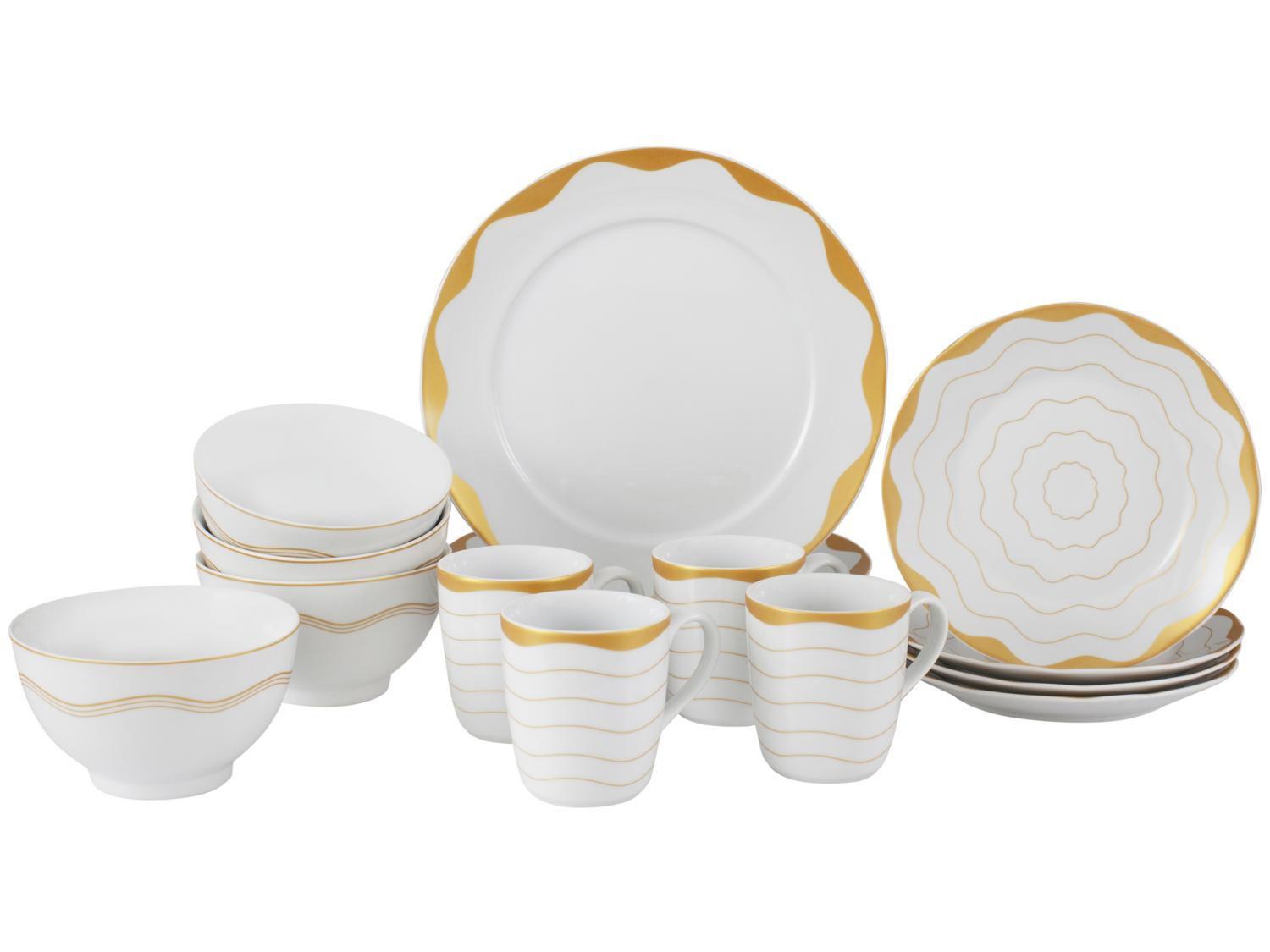 Aparelho de Jantar 16 Peças Schmidt Porcelana - Redondo Dourado Brasilis