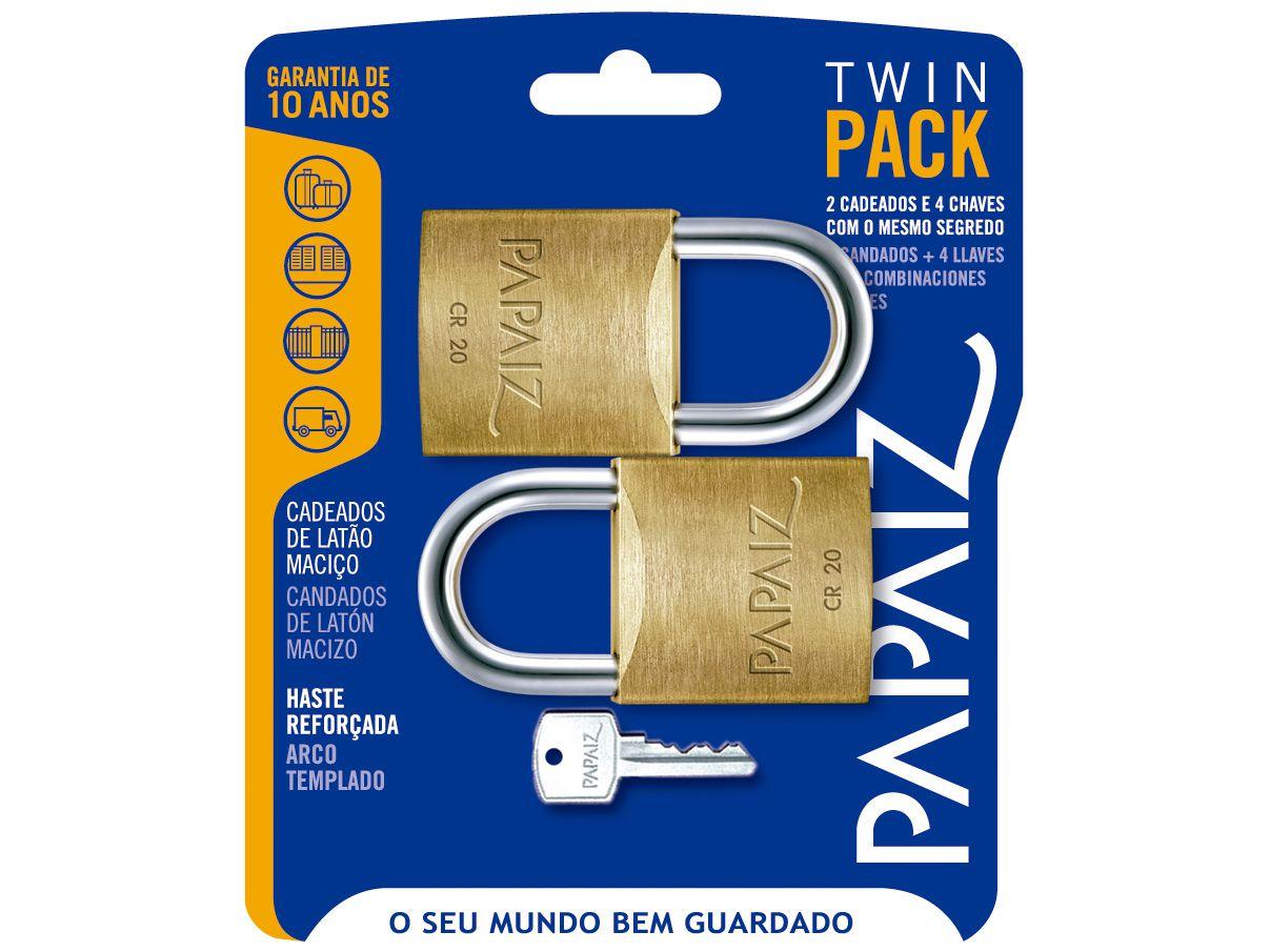 Cadeado Chave Papaiz Twin Pack Duplo - 20mm Amarelo e Cromado 2 Unidades