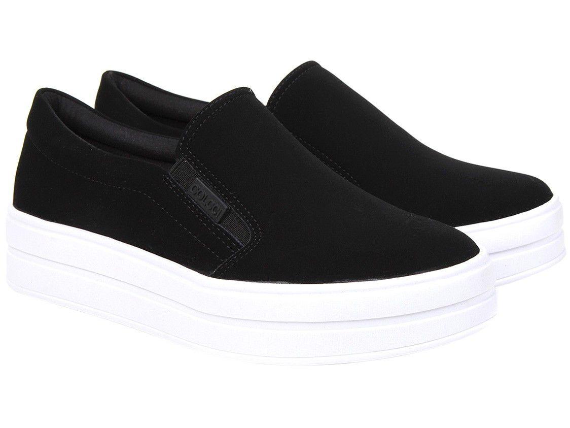 Slip On Colcci Flatform Nobuck Feminino - Preto e Branco