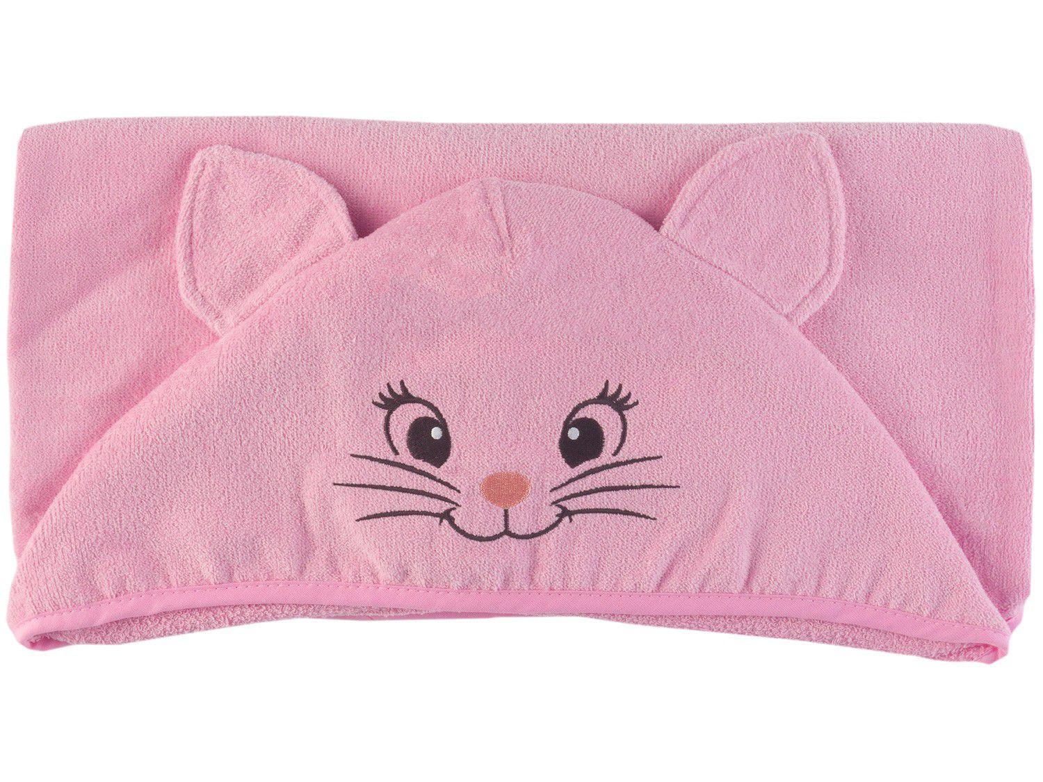 Toalha de Banho para Bebê Teka com Capuz - 100% Algodão Kids Gata Rosa