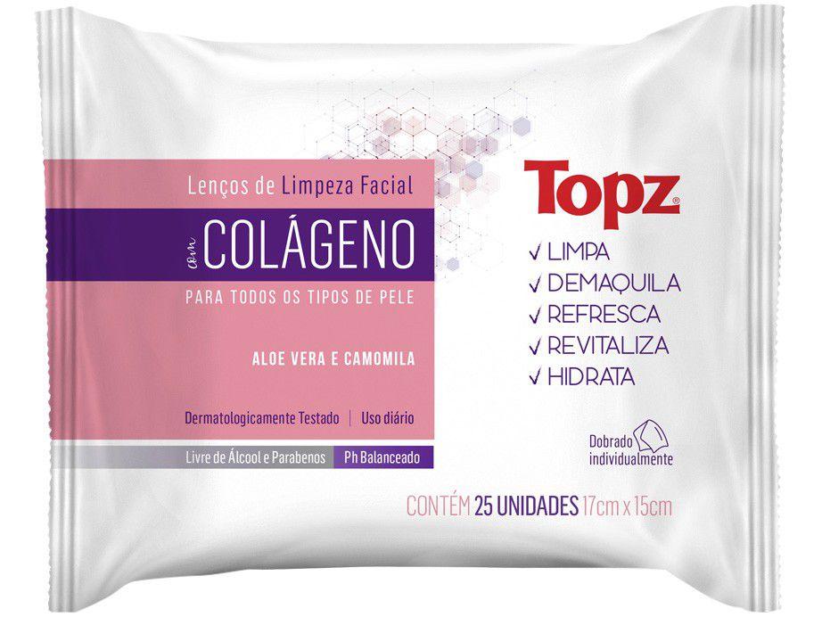 Lenço de Limpeza Facial Topz Colágeno - 25 Unidades