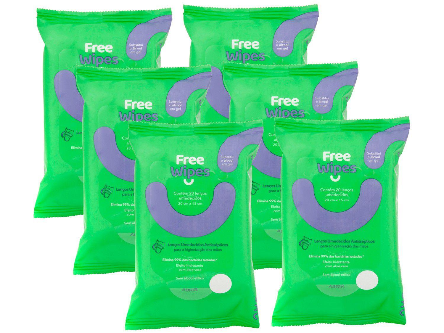 Kit Lenço Umedecido Antisséptico Free Wipes - 6 Pacotes com 20 Unidades Cada