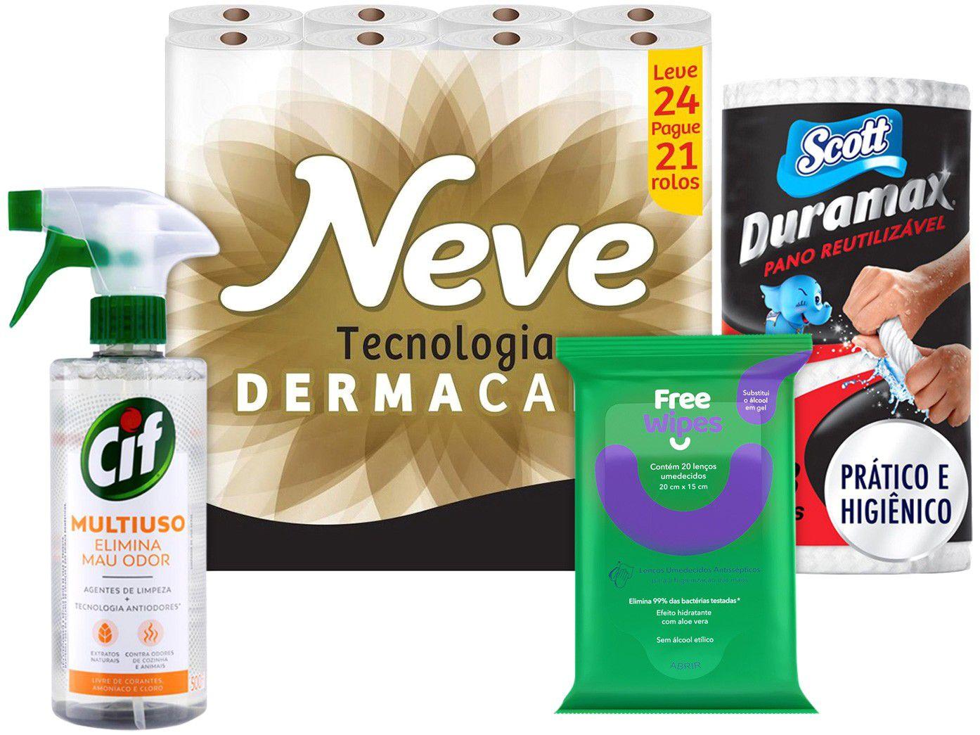 Kit com Lenço Umedecido Antisséptico - Pano de Limpeza Papel Higiênico e Multiuso Cif