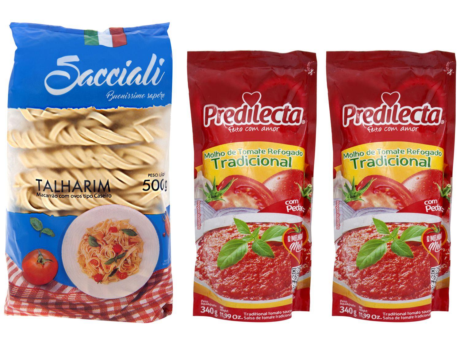 Kit 02 Molho de Tomate Predilecta Tradicional - 340g + Macarrão Talharim com Ovos Sacciali Caseiro