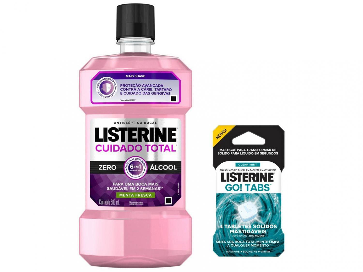 Antisséptico Bucal Listerine sem Álcool Cuidado - Total 500ml + Enxaguante Bucal Go Tabs 4 Unidades