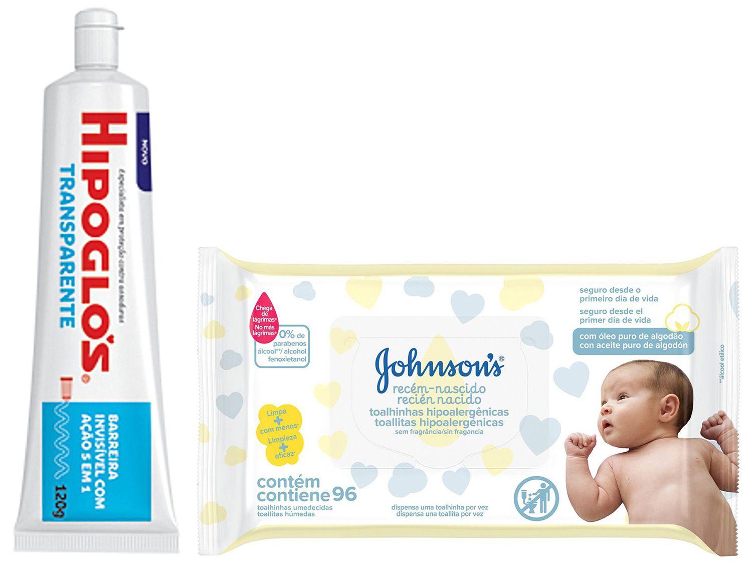 Creme Preventivo Assadura Hipoglós Transparente - 120g + Lenço Umedecido Johnsons Baby 96 Unidades