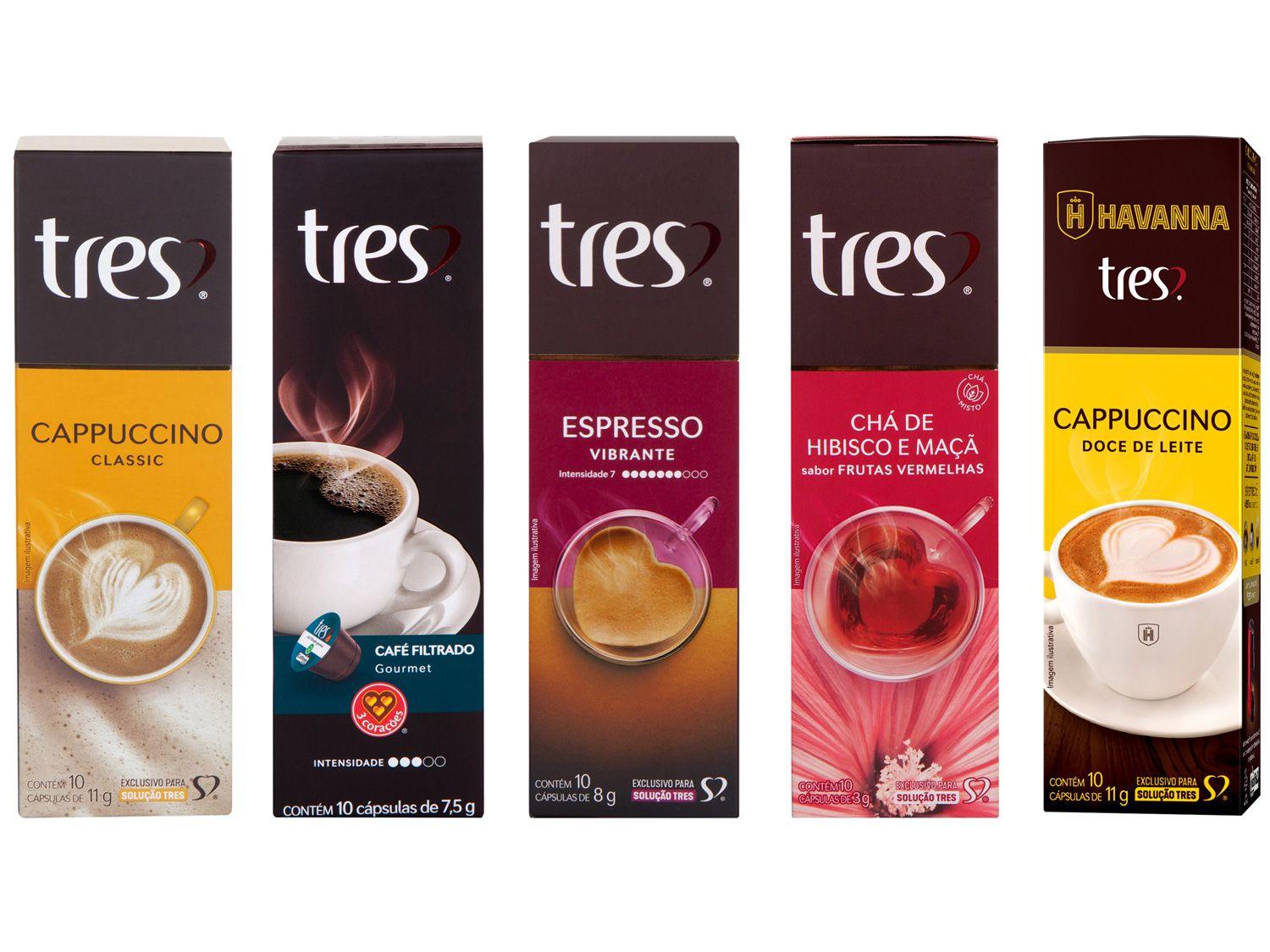 Kit Cápsulas Café Capuccino e Chá TRES - 3 Corações 10 Cápsulas 5 Unidades