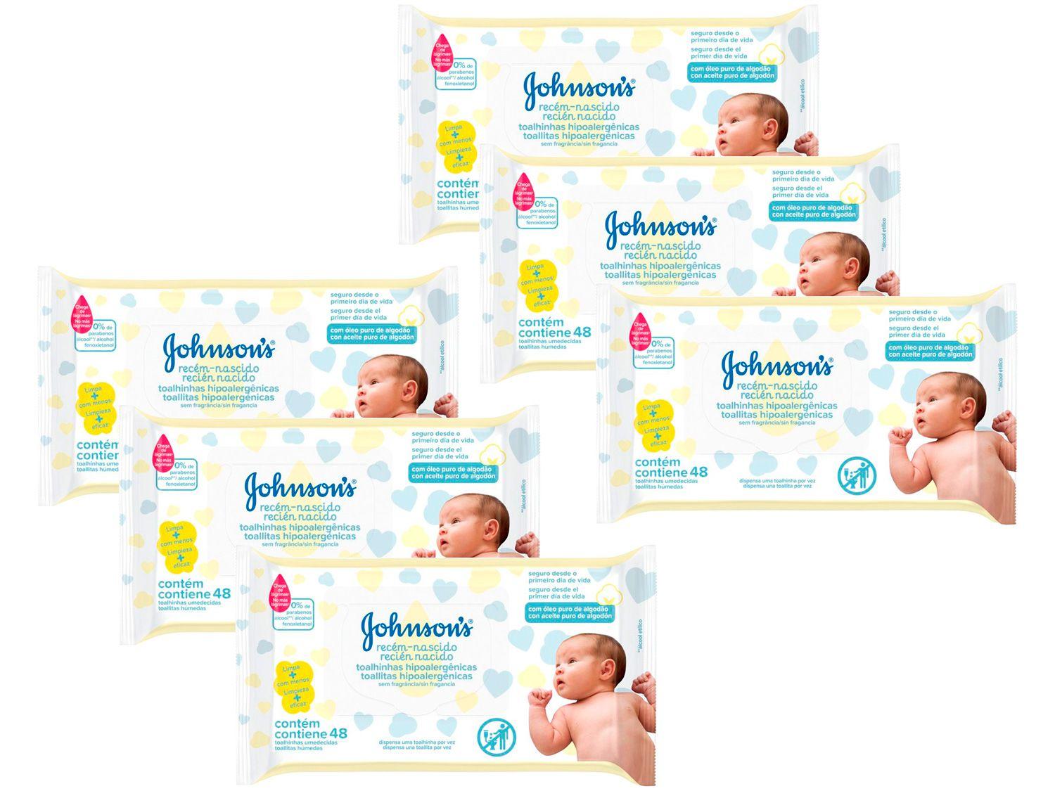 Kit Lenço Umedecido Johnsons Baby Recém-Nascido - Sem Fragrância 6 Pacotes com 48 Unidades Cada