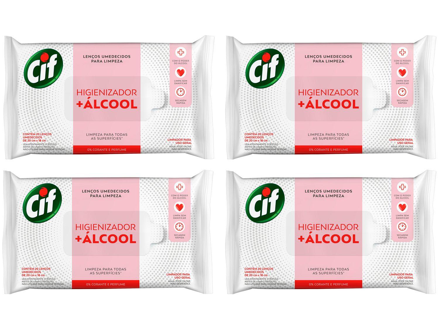 Kit Lenços Umedecidos Multiuso com Álcool Cif - Higienizador 4 Pacotes com 20 Unidades Cada