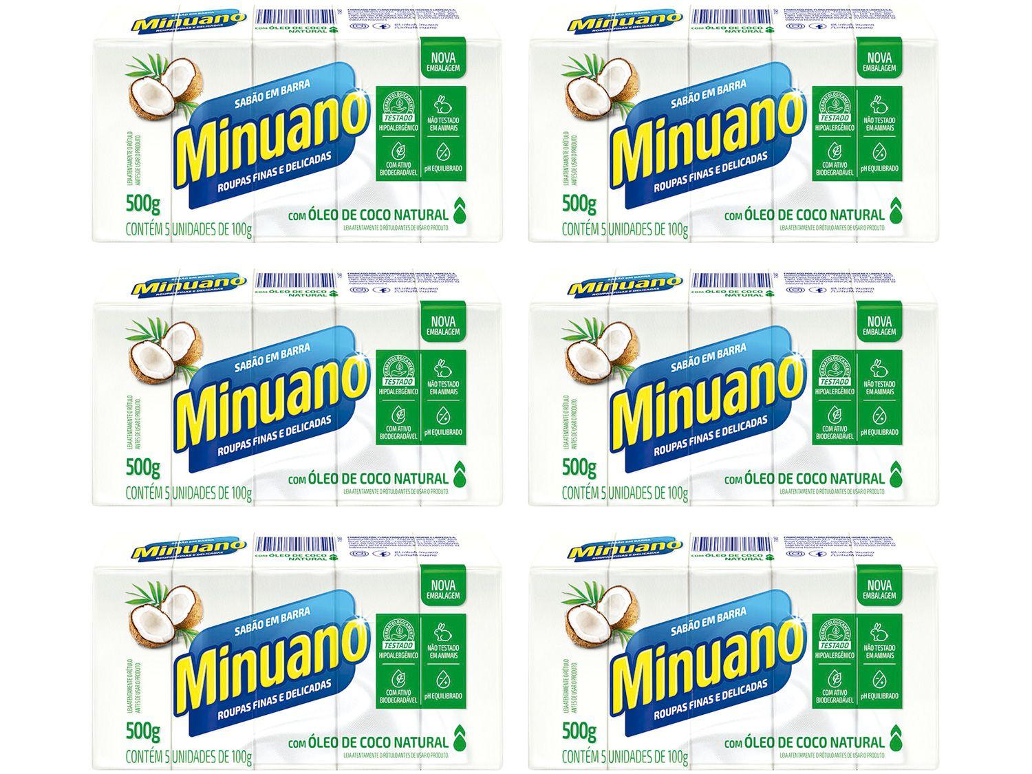 Sabão em Barra Minuano Coco 500g - 6 Pacotes com 5 Unidades Cada