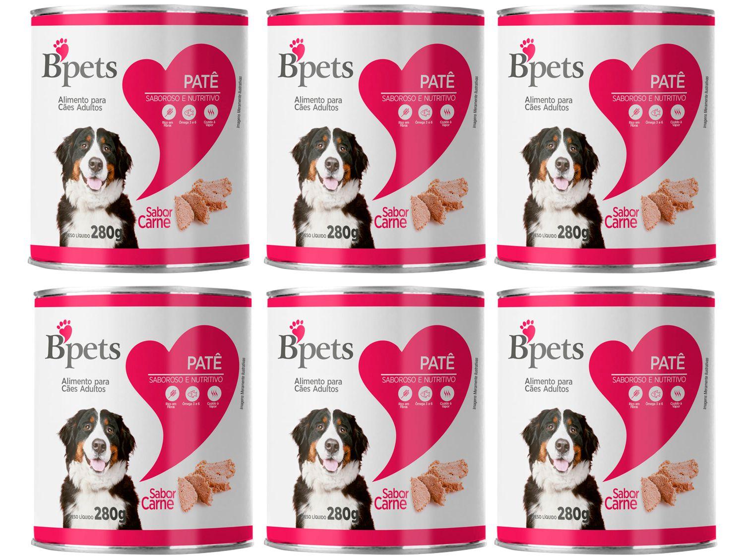 Kit Ração Úmida para Cachorro Adulto Lata - Bpets Patê Carne 6 Unidades 280g Cada