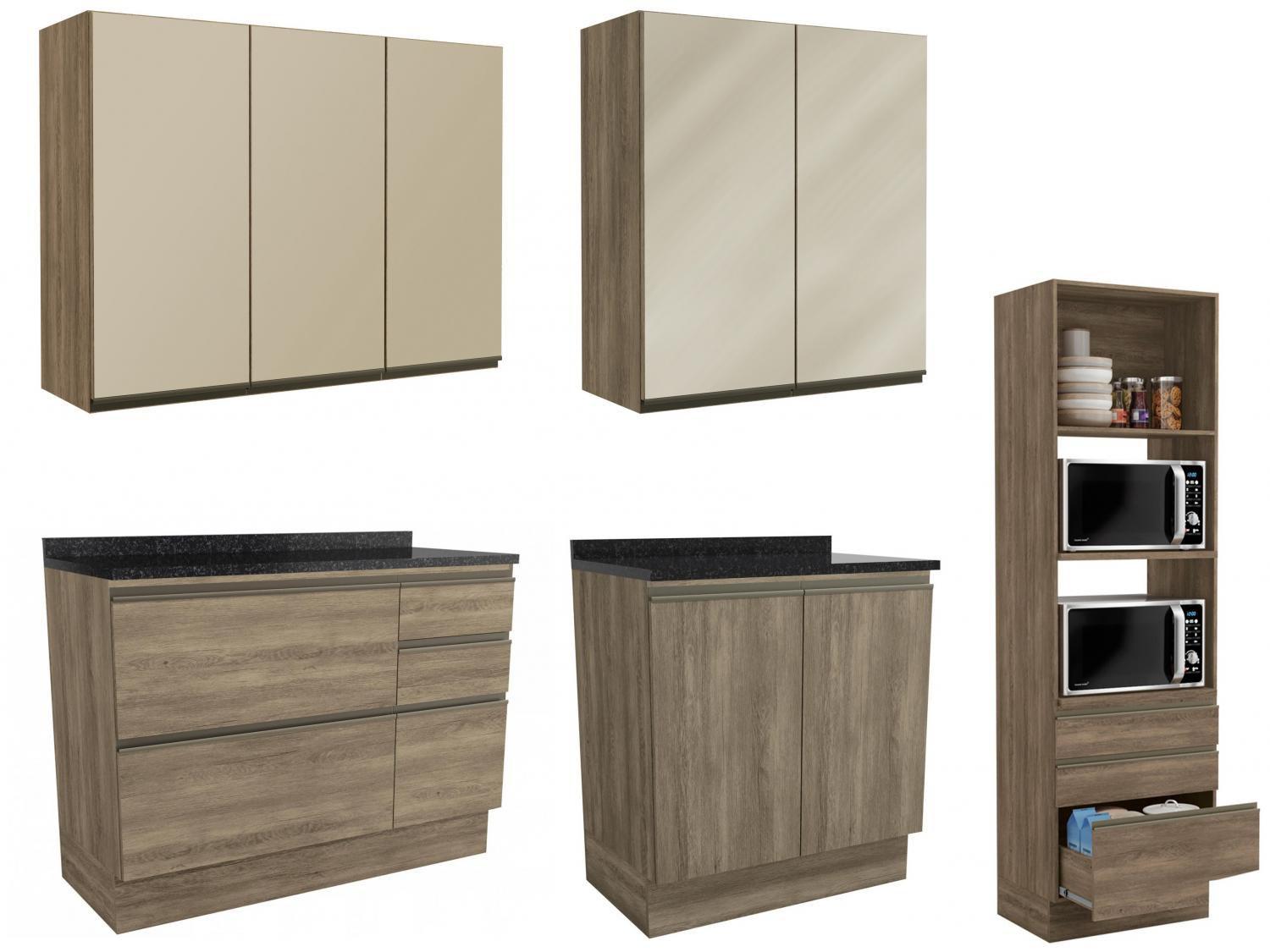 Cozinha Completa Kappesberg Maxxi 5 peças c Balcão - Nicho para Micro-ondas 9 Portas 7 Gavetas