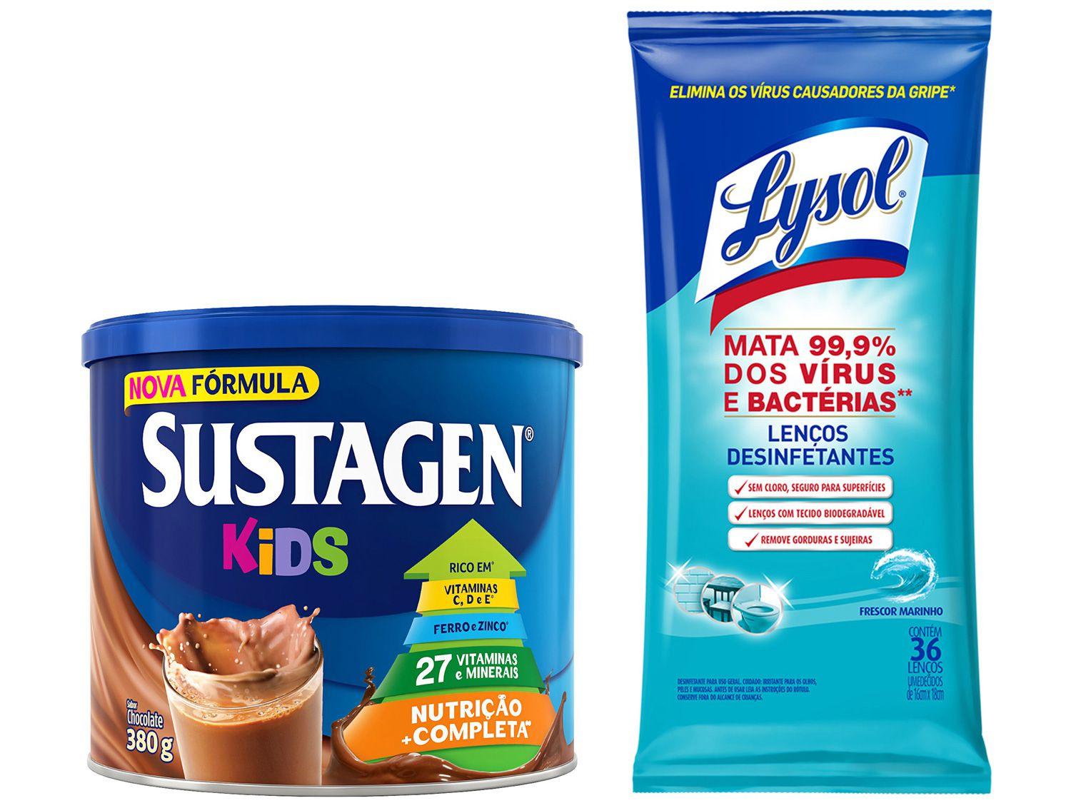 Kit Complemento Alimentar Infantil Sustagen Kids - Chocolate 380g + Lenços Desinfetantes Lysol