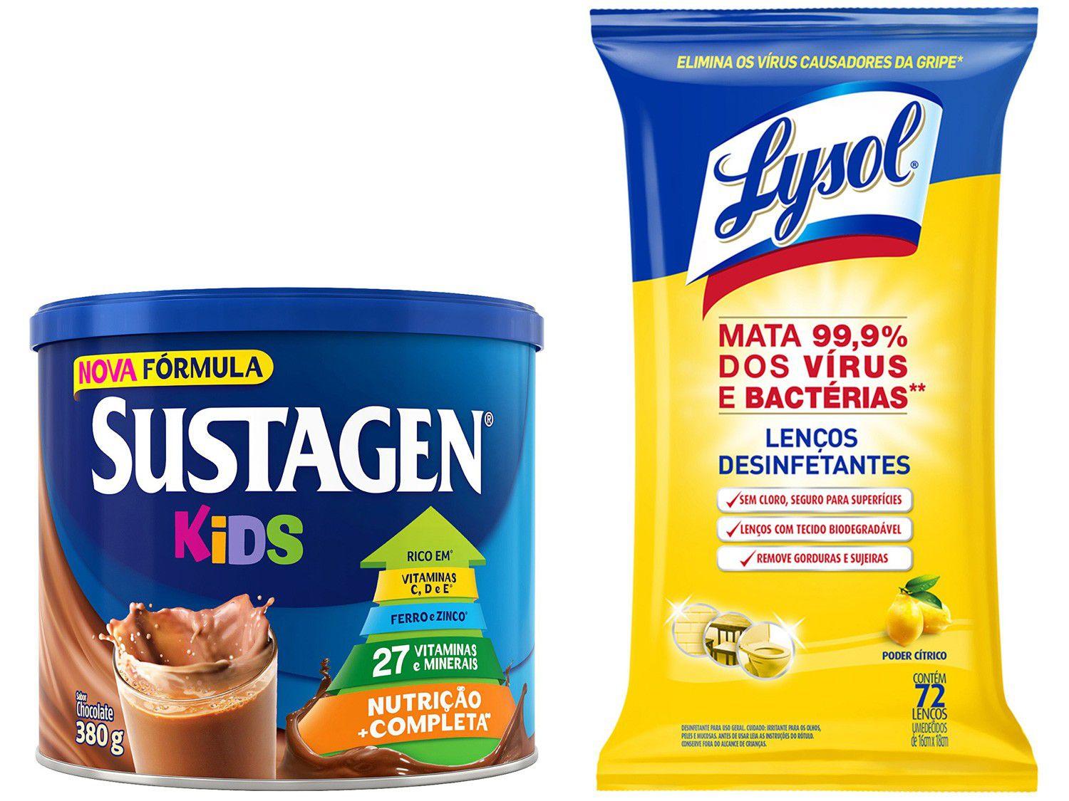 Kit Complemento Alimentar Infantil Sustagen Kids - Chocolate 380g + Lenço Desinfetante Lysol
