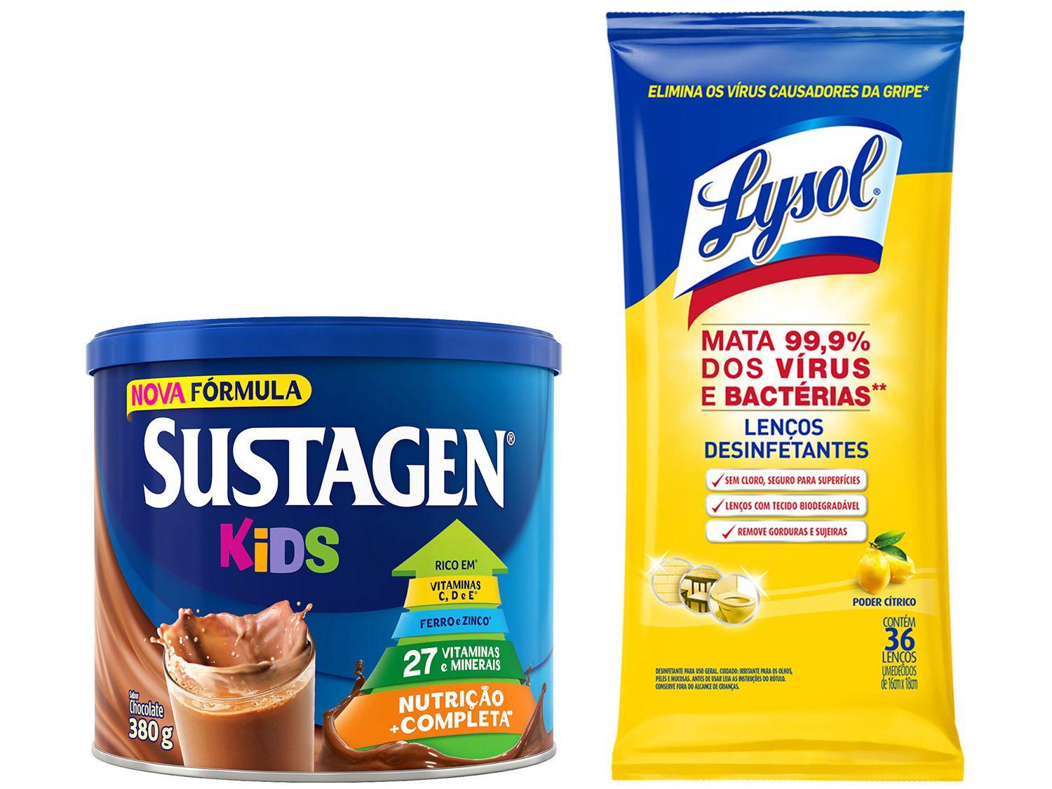 Kit Complemento Alimentar Infantil Sustagen Kids - Chocolate 380g + Lenços Desinfetantes Lysol