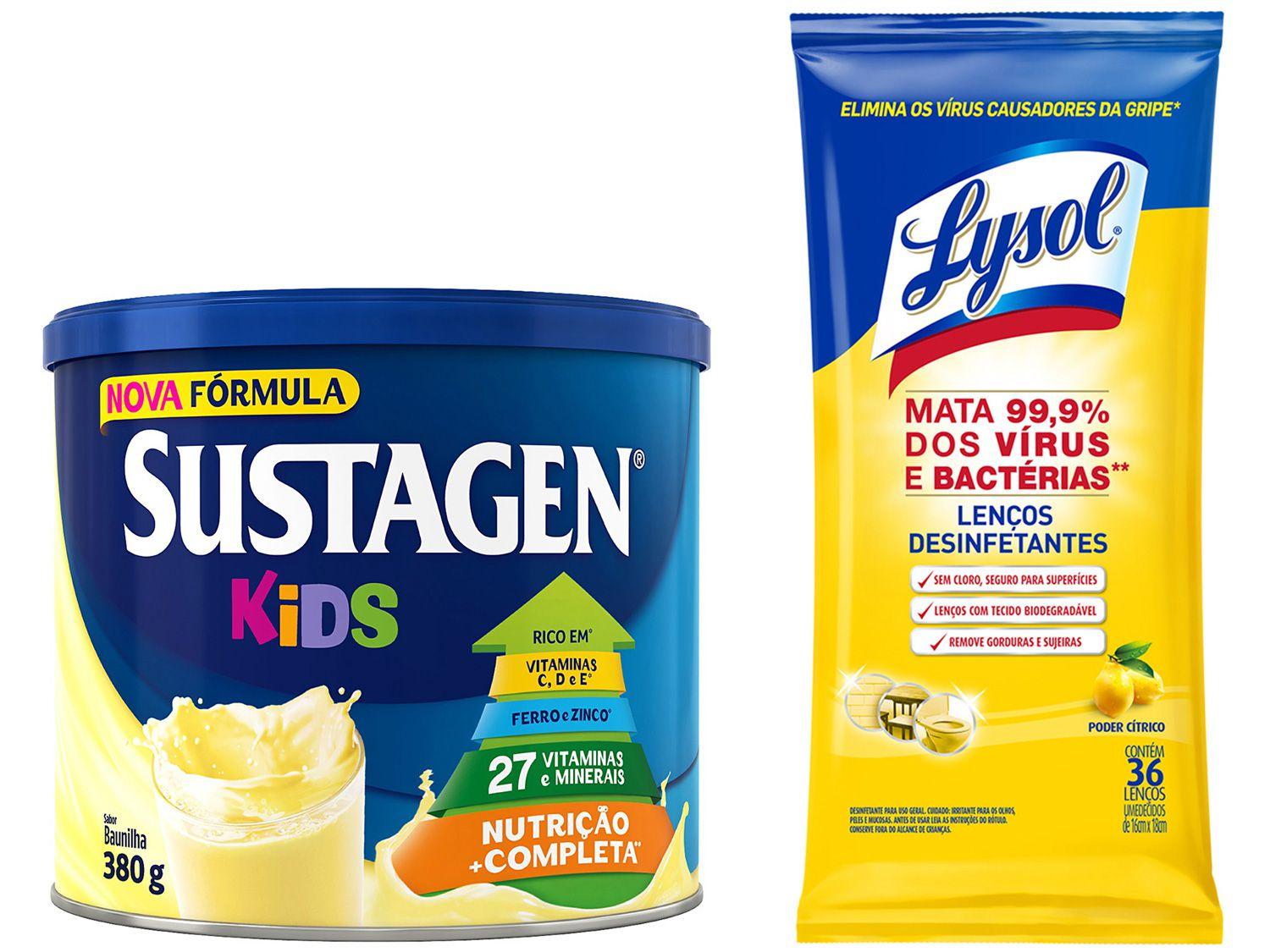 Kit Complemento Alimentar Infantil Sustagen Kids - Baunilha 380g + Lenços Desinfetantes Lysol