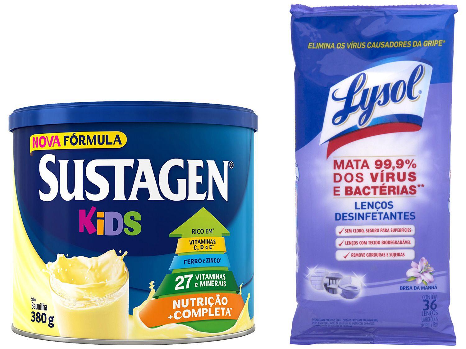 Kit Complemento Alimentar Infantil Sustagen Kids - Baunilha 380g + Lenços Desinfetantes Lysol