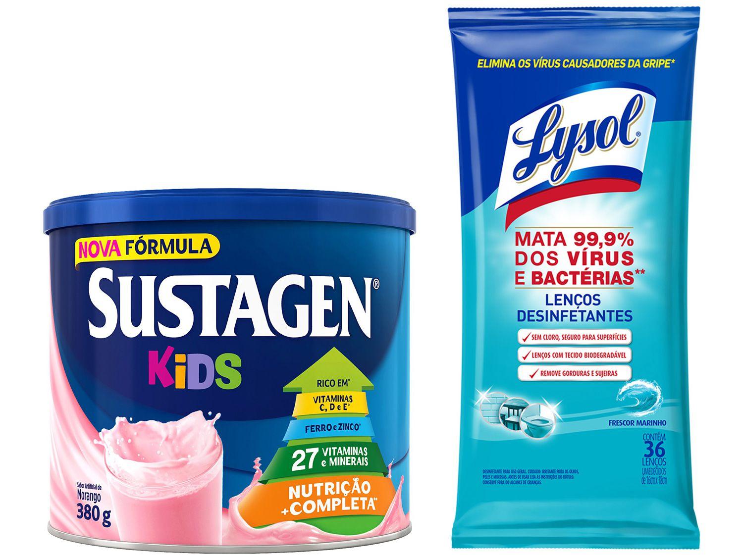 Kit Complemento Alimentar Infantil Sustagen Kids - Morango 380g + Lenços Desinfetantes Lysol