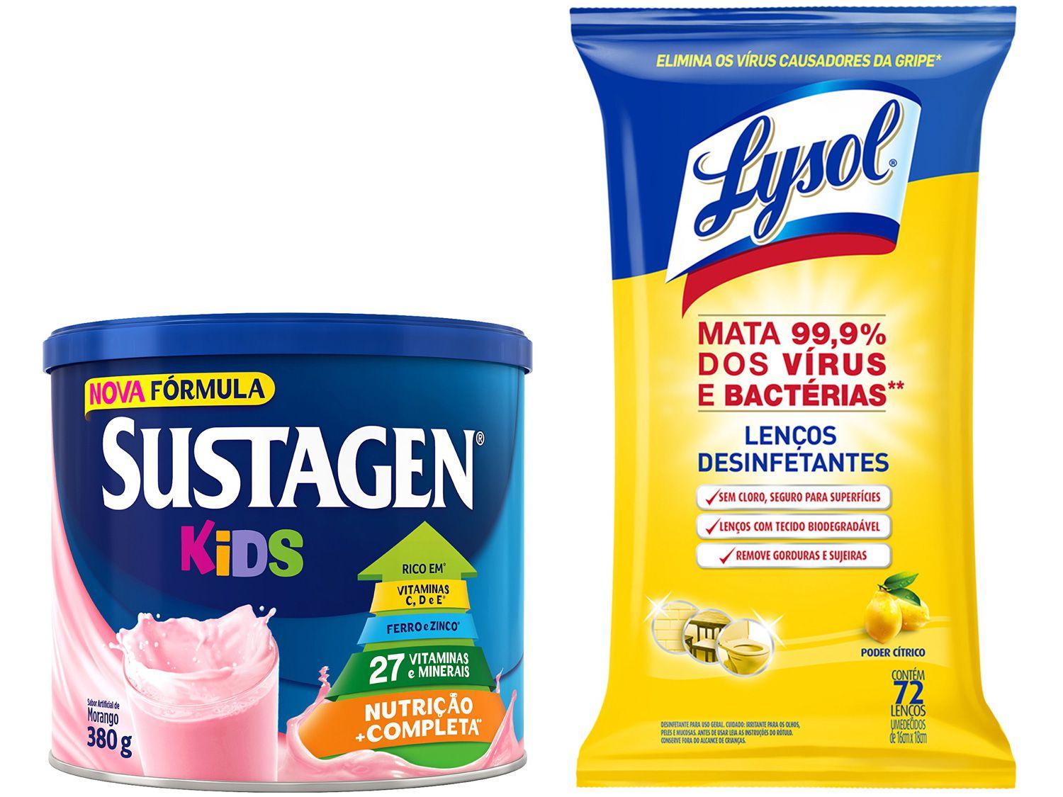 Kit Complemento Alimentar Infantil Sustagen Kids - Morango 380g + Lenços Desinfetantes Lysol