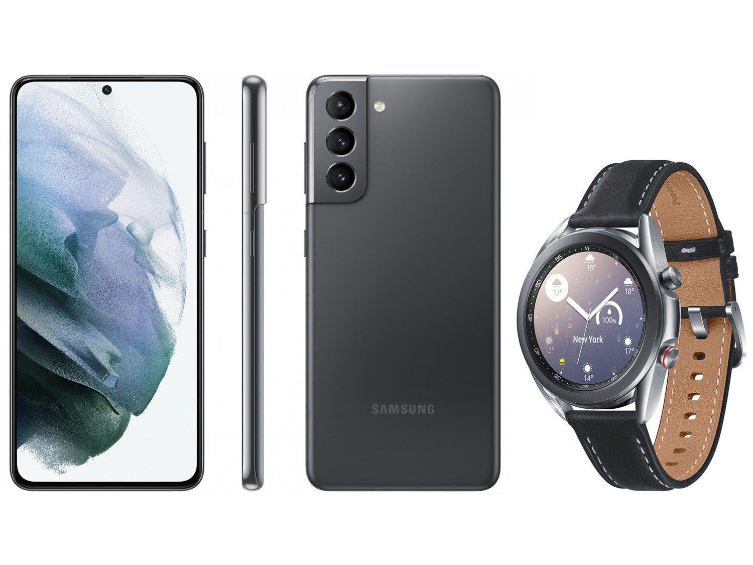 Smartphone Samsung Galaxy S21 128GB Cinza 5G - 8GB RAM + Smartwatch Galaxy Watch 3 LTE Prata