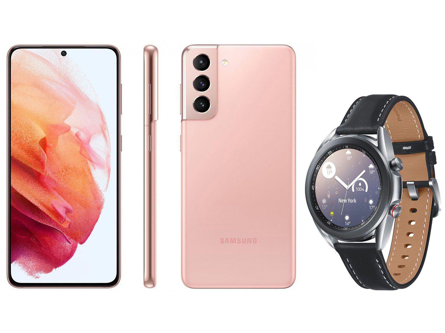 Smartphone Samsung Galaxy S21 128GB Rosa 5G - 8GB RAM + Smartwatch Galaxy Watch 3 LTE Prata