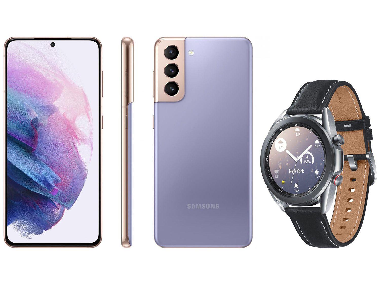 Smartphone Samsung Galaxy S21 128GB Violeta 5G - 8GB RAM + Smartwatch Galaxy Watch 3 LTE Prata