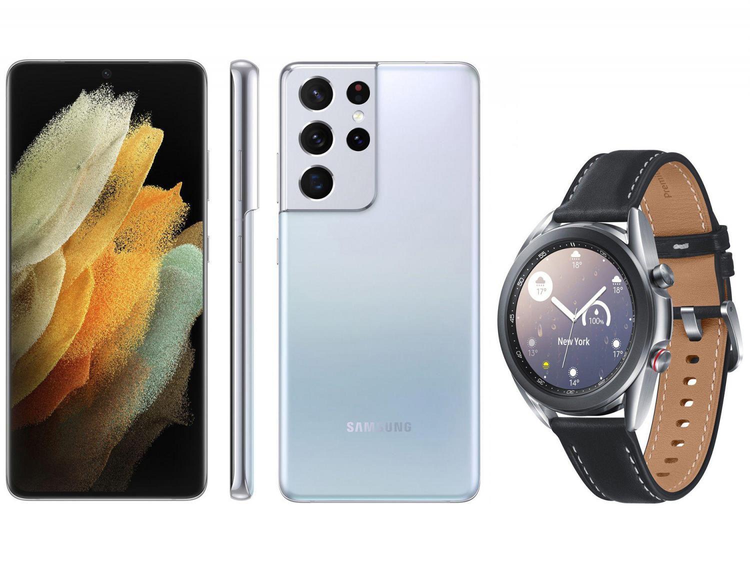 Smartphone Samsung Galaxy S21 Ultra 256GB Prata 5G - 12GB RAM + Smartwatch Galaxy Watch 3 LTE Prata