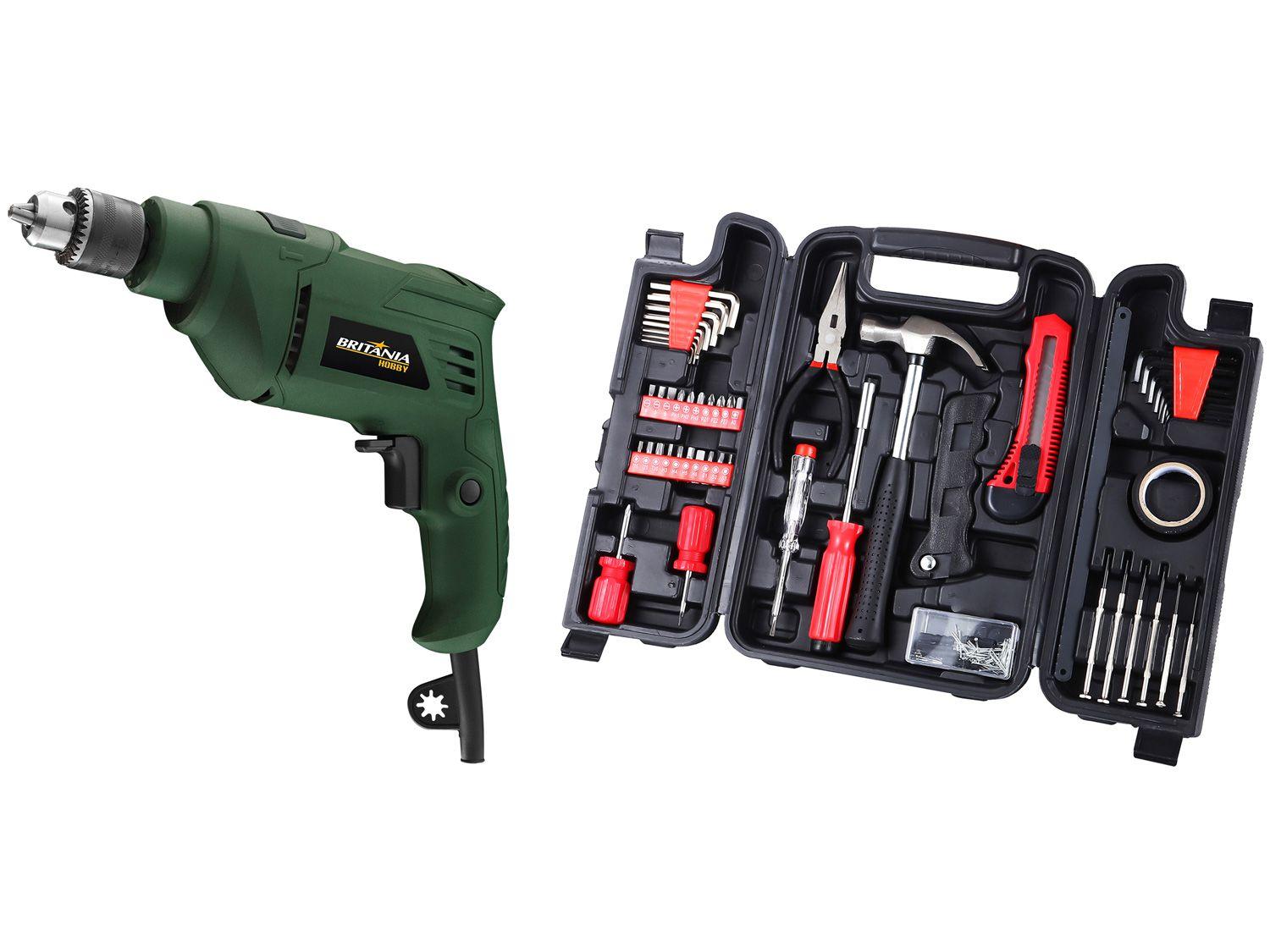 Kit Furadeira de Impacto Britânia Hobby 650W - 3000RPM + Kit Ferramentas Nell 142 Peças