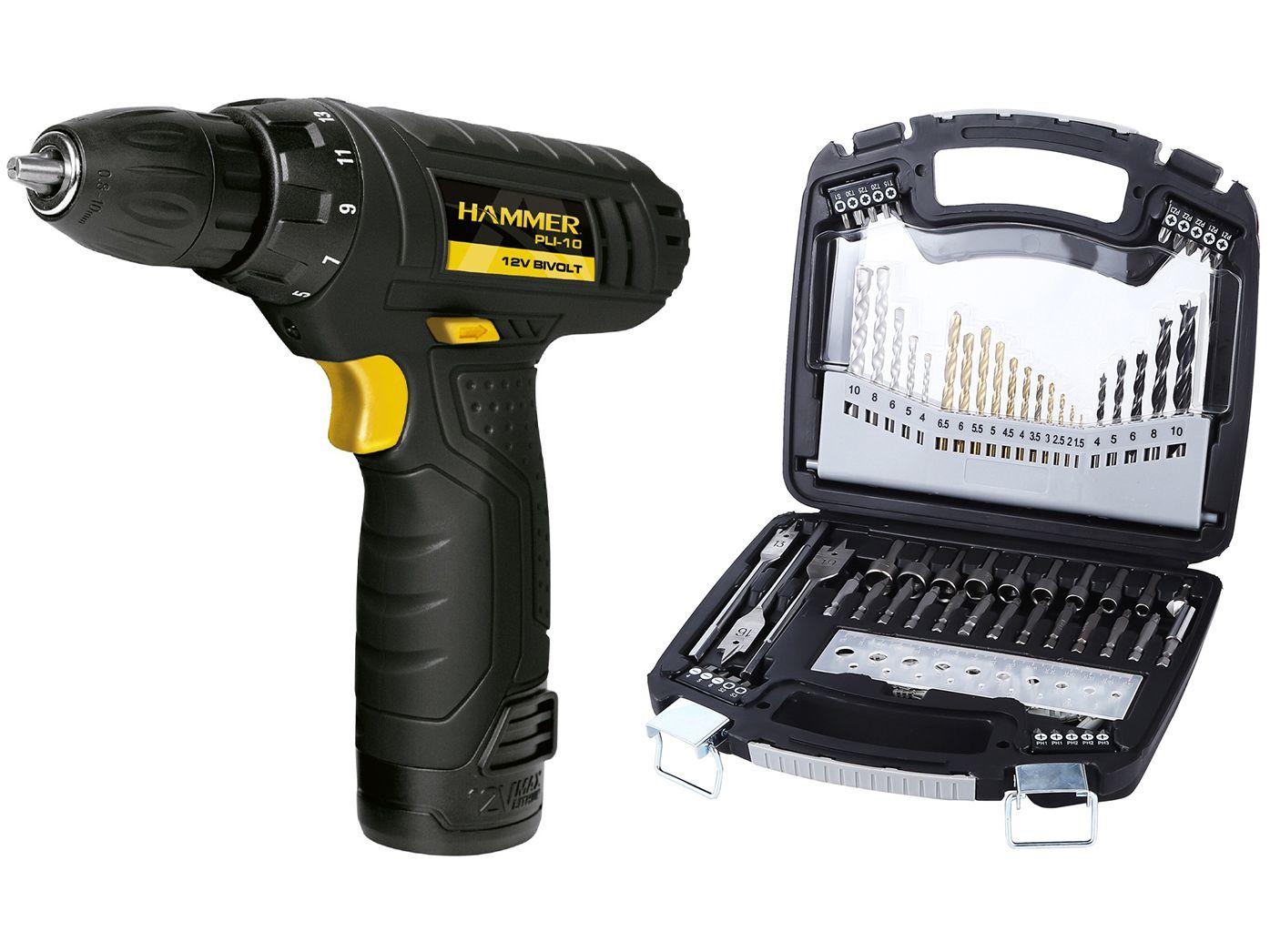 Kit Furadeira e Parafusadeira a Bateria Hammer 12V - Velocidade Variável + Jogo de Broca Nell 120 Peças