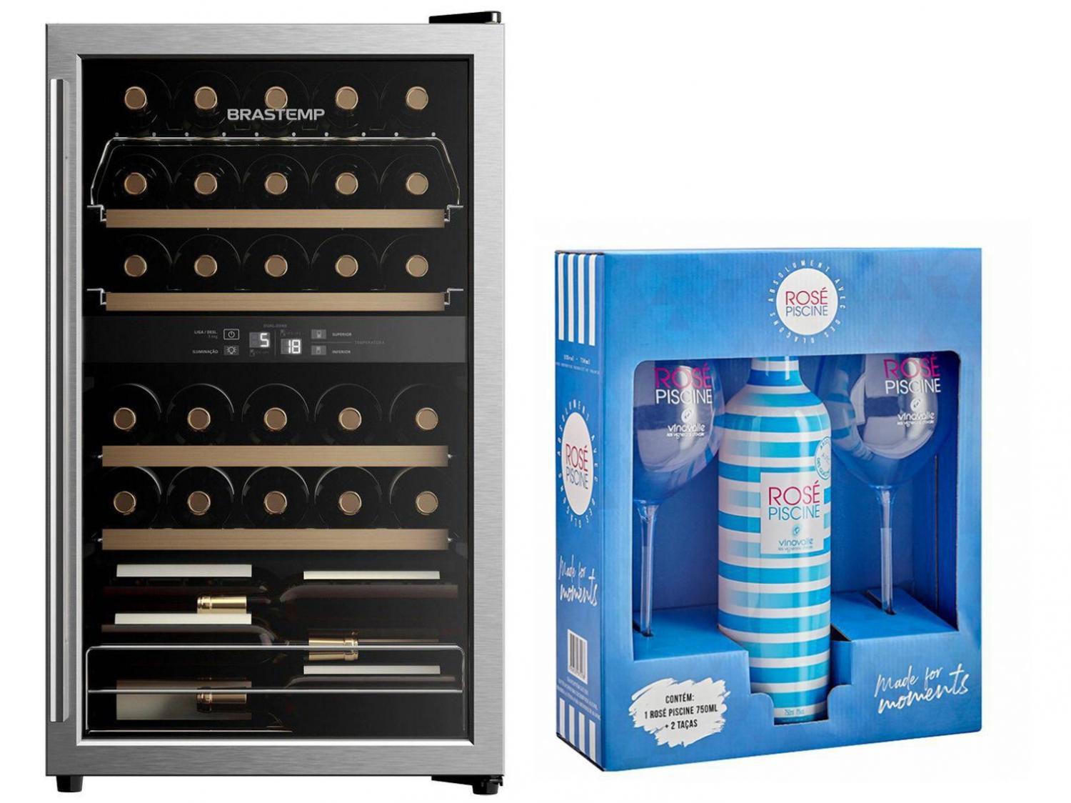 Adega Climatizada Brastemp 33 Garrafas - BZB33 BE + Vinho Rosé Meio Seco Piscine com Taça