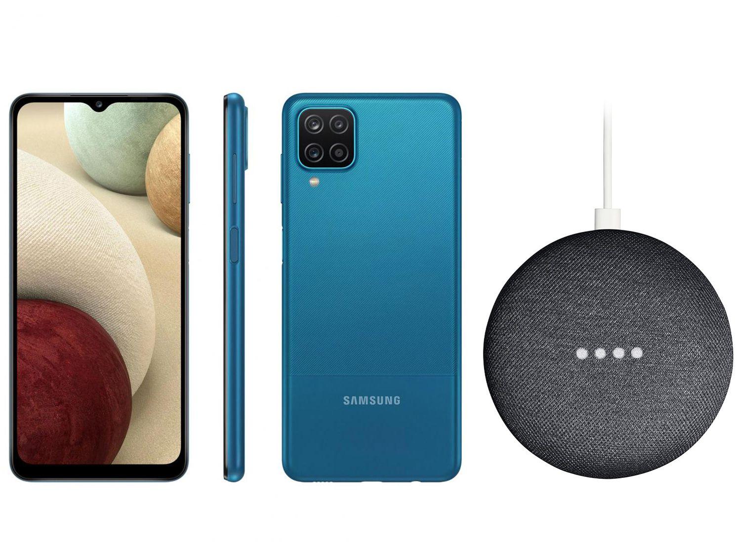 Smartphone Samsung Galaxy A12 64GB Azul 4G - 4GB RAM + Nest Mini 2ª geração Smart Speaker