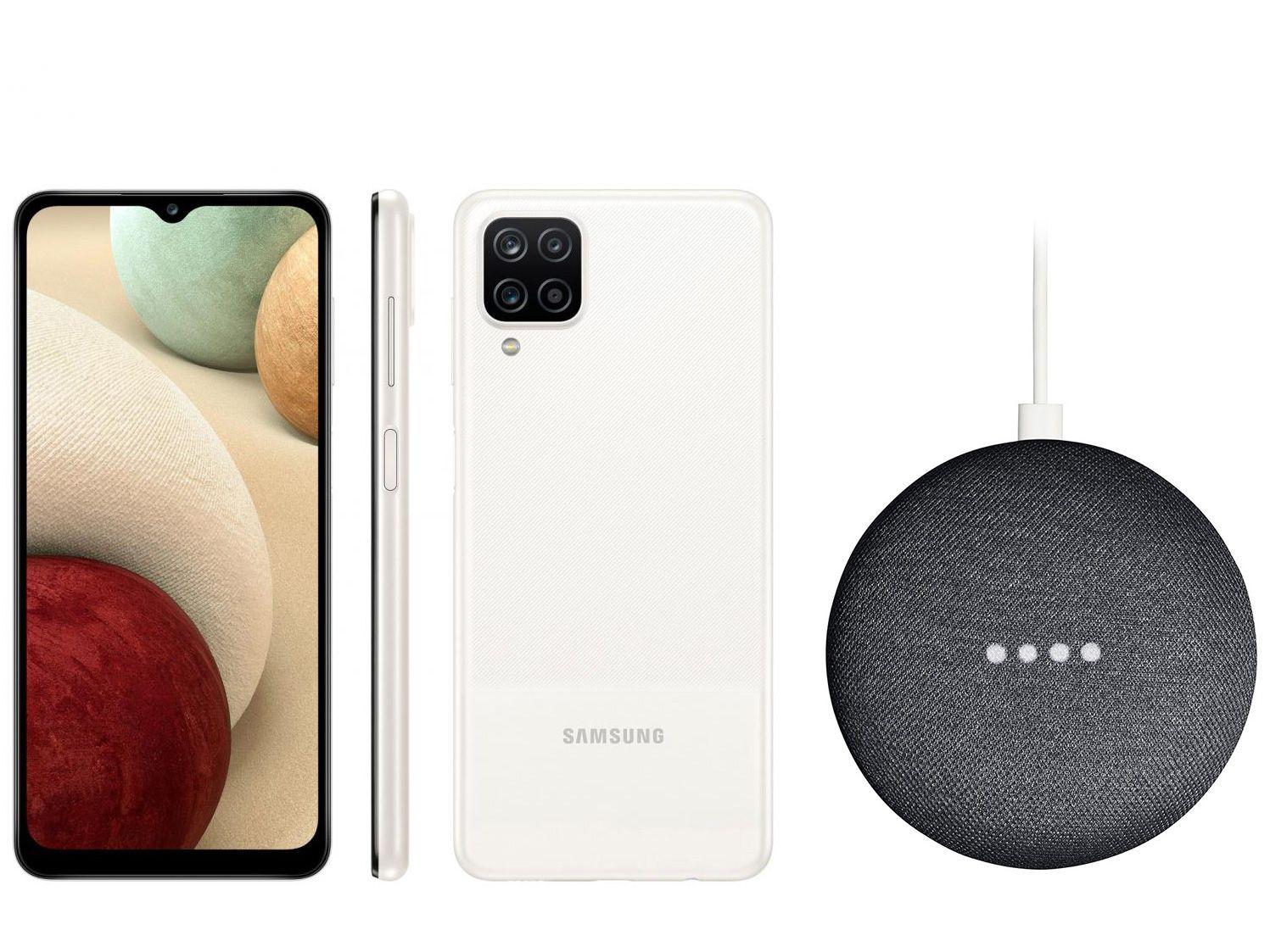Smartphone Samsung Galaxy A12 64GB Branco 4G - 4GB RAM + Nest Mini 2ª geração Smart Speaker
