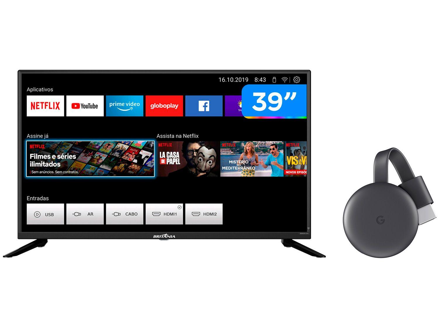 Smart TV HD D-LED 39" Britânia BTV39G60N5CH - Wi-Fi + Chromecast 3 Streaming Device Google