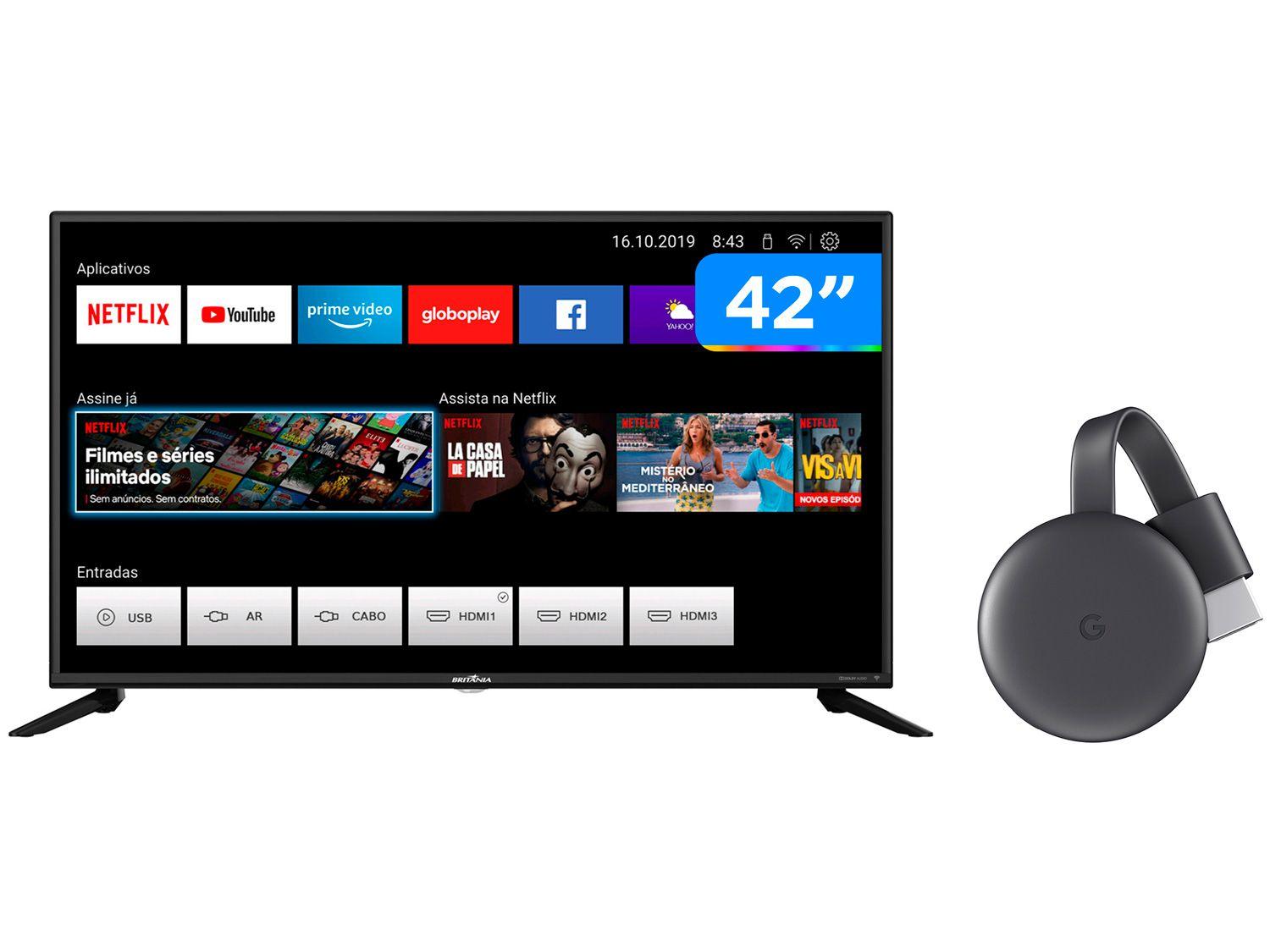 Smart TV Full HD D-LED 42" Britania BTV42G70N5CF - Wi-Fi + Chromecast 3 Streaming Device Google