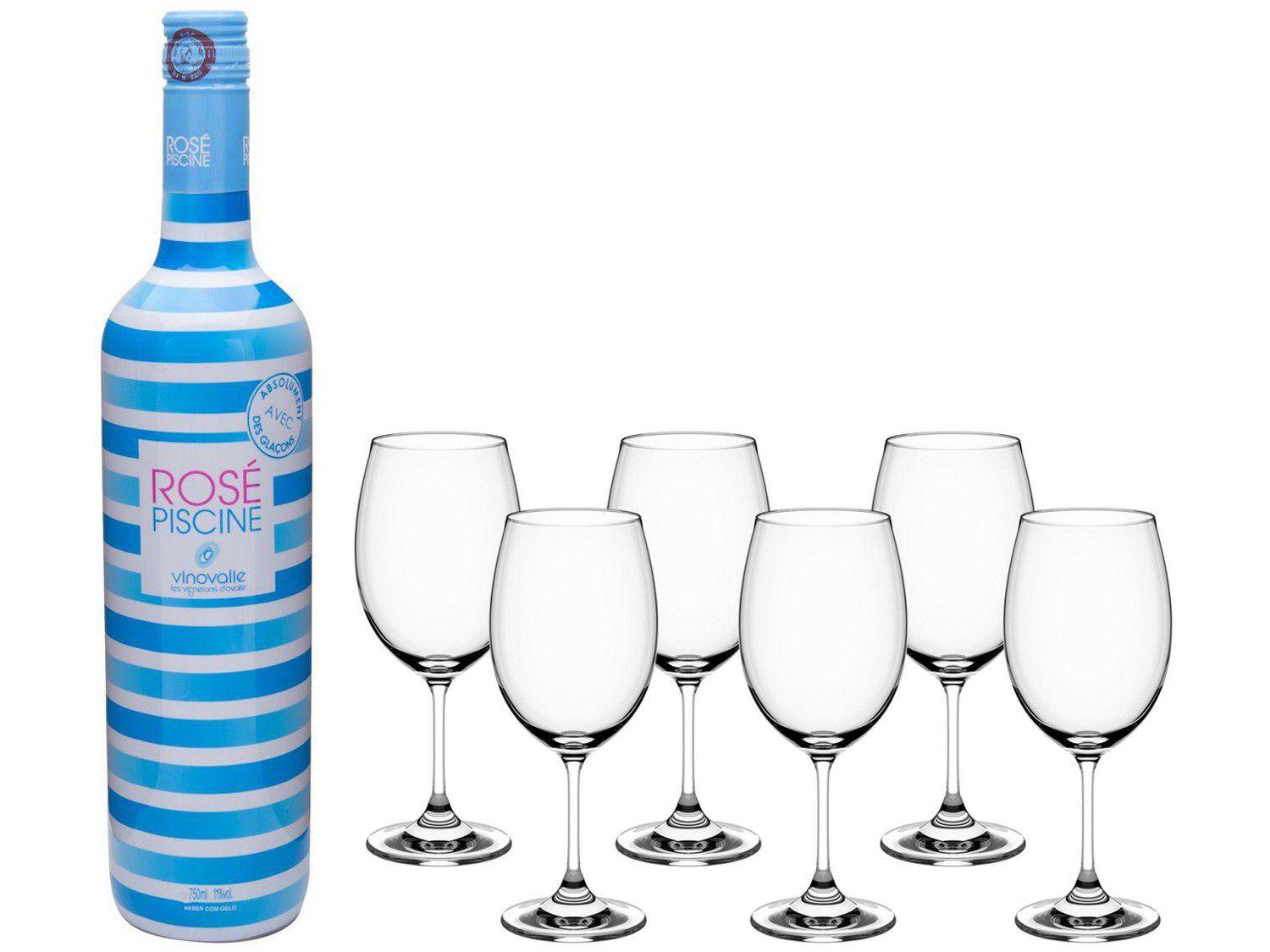 Vinho Rosé Meio Seco Rosé Piscine Stripes França - 750ml + Jogo de Taças para Vinho Cristal 6 Peças