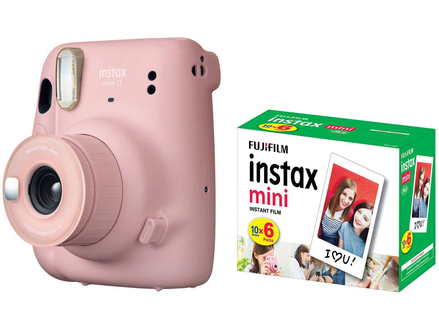 Instax Mini 11 Fujifilm Rosa Flash - Automático + Filme Instantâneo Fujifilm 60 Poses