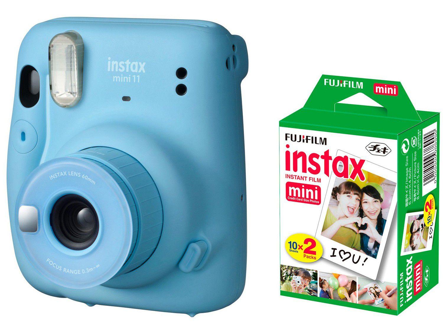 Instax Mini 11 Fujifilm Azul Flash - Automático + Filme Instantâneo Fujifilm 20 Poses